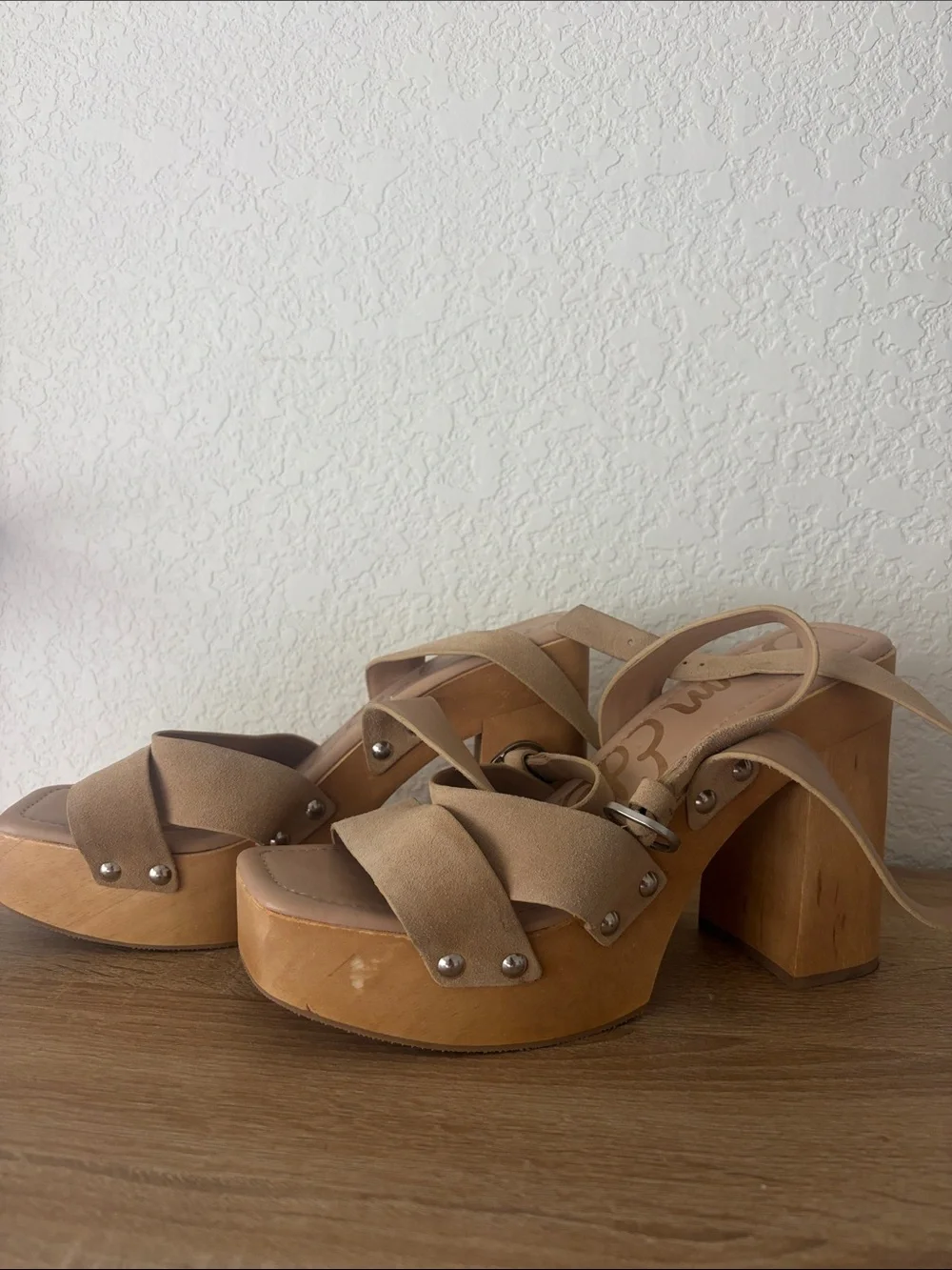 Sam Edelman Suede Tan Platform Clog Heels